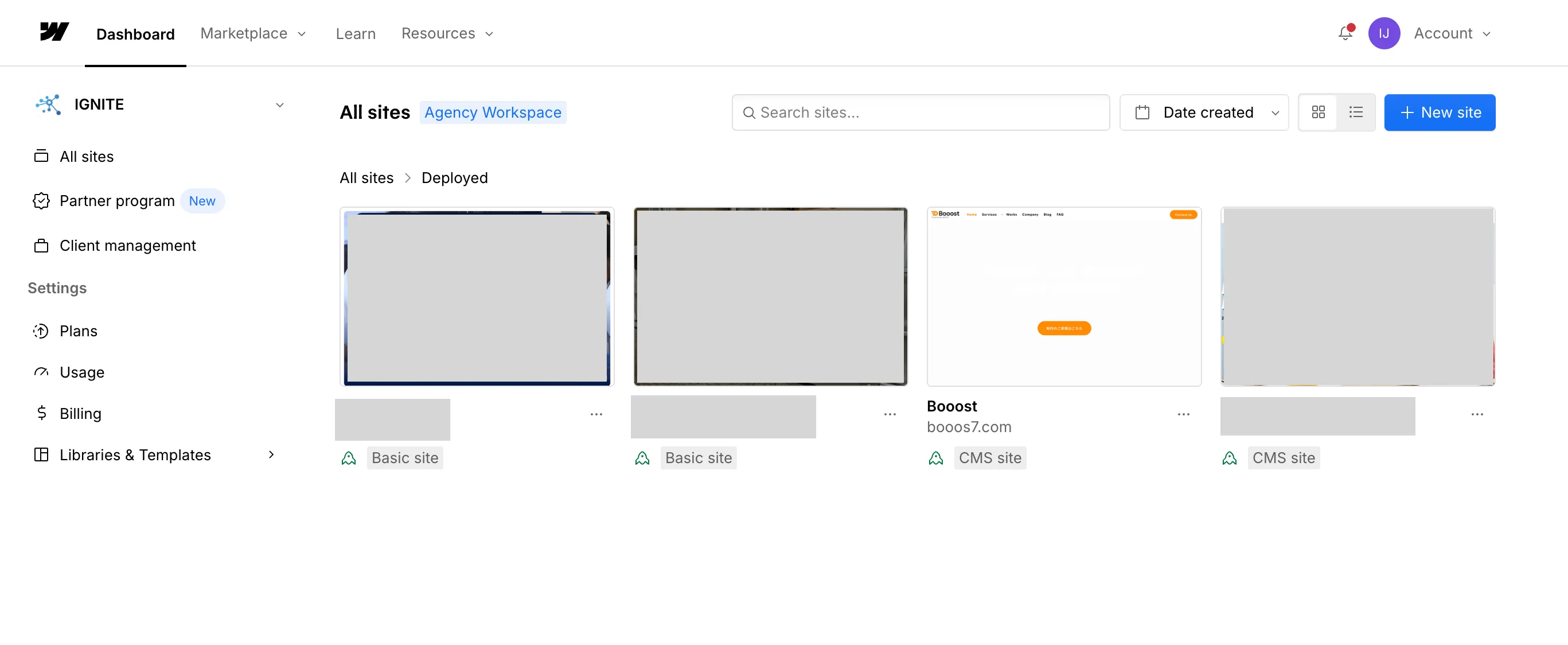 Webflow Dashboardのサイト一覧