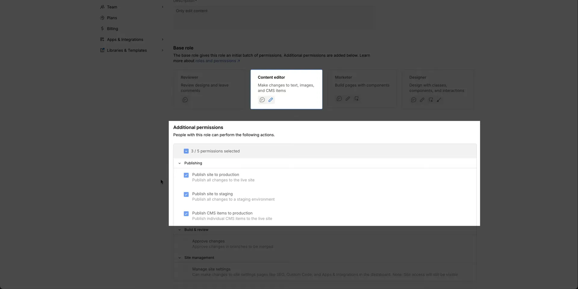 Webflow公式: Content editorロールの追加権限モーダル