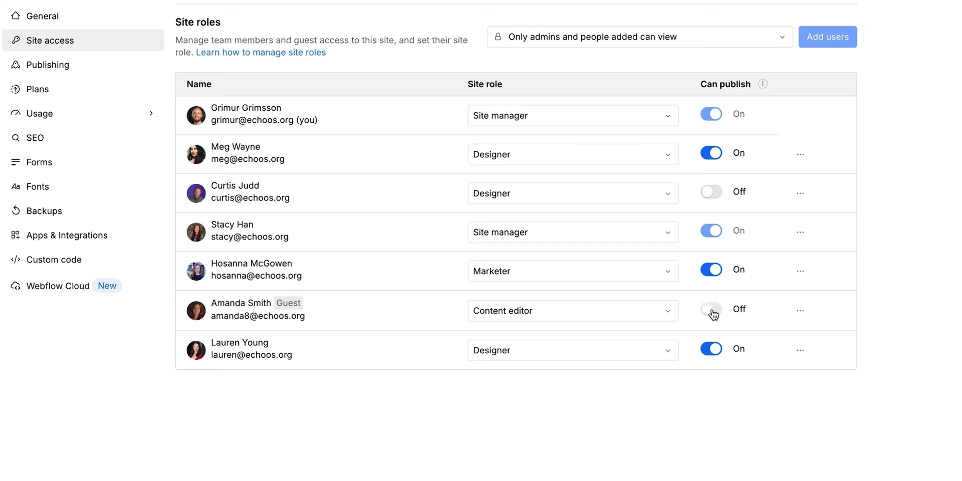 Webflow公式: Site rolesのCan publishトグル
