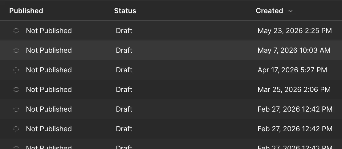 CMSアイテム一覧が全てDraft(未公開)の状態