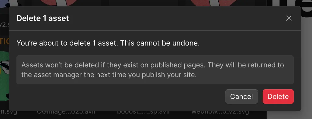 AssetのUsed on確認とDeleteボタン