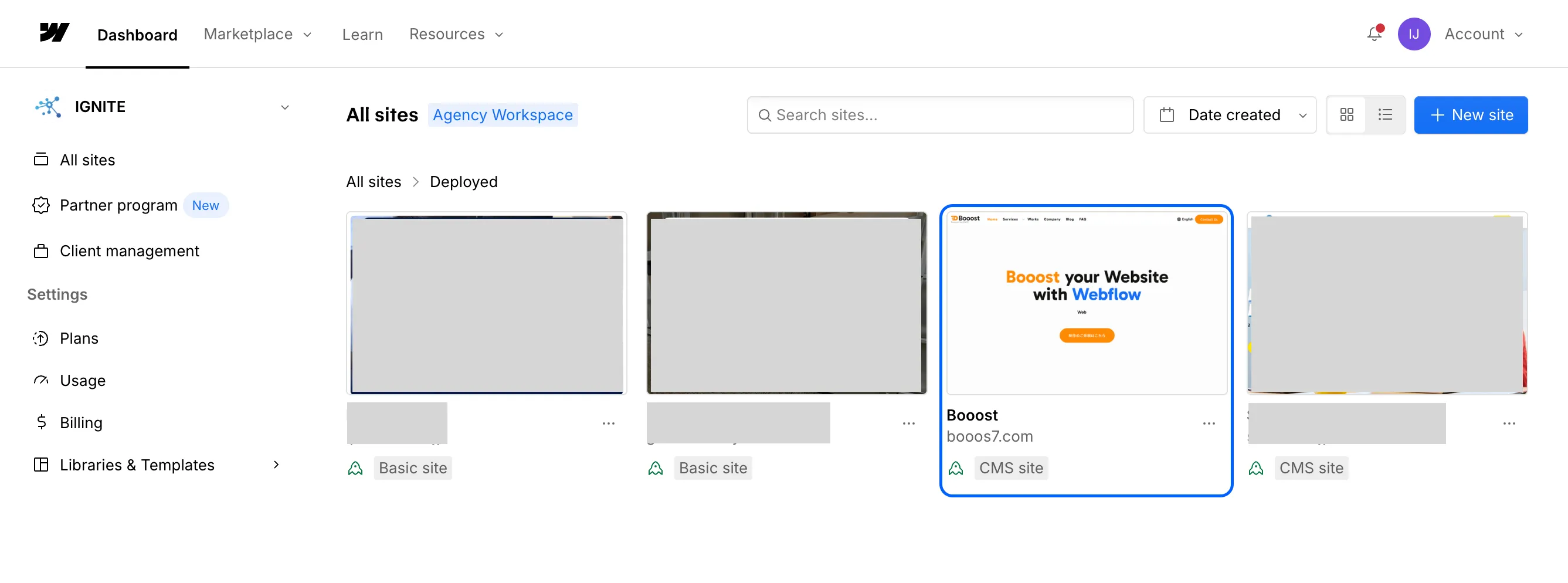 Dashboardで対象サイトを確認する画面